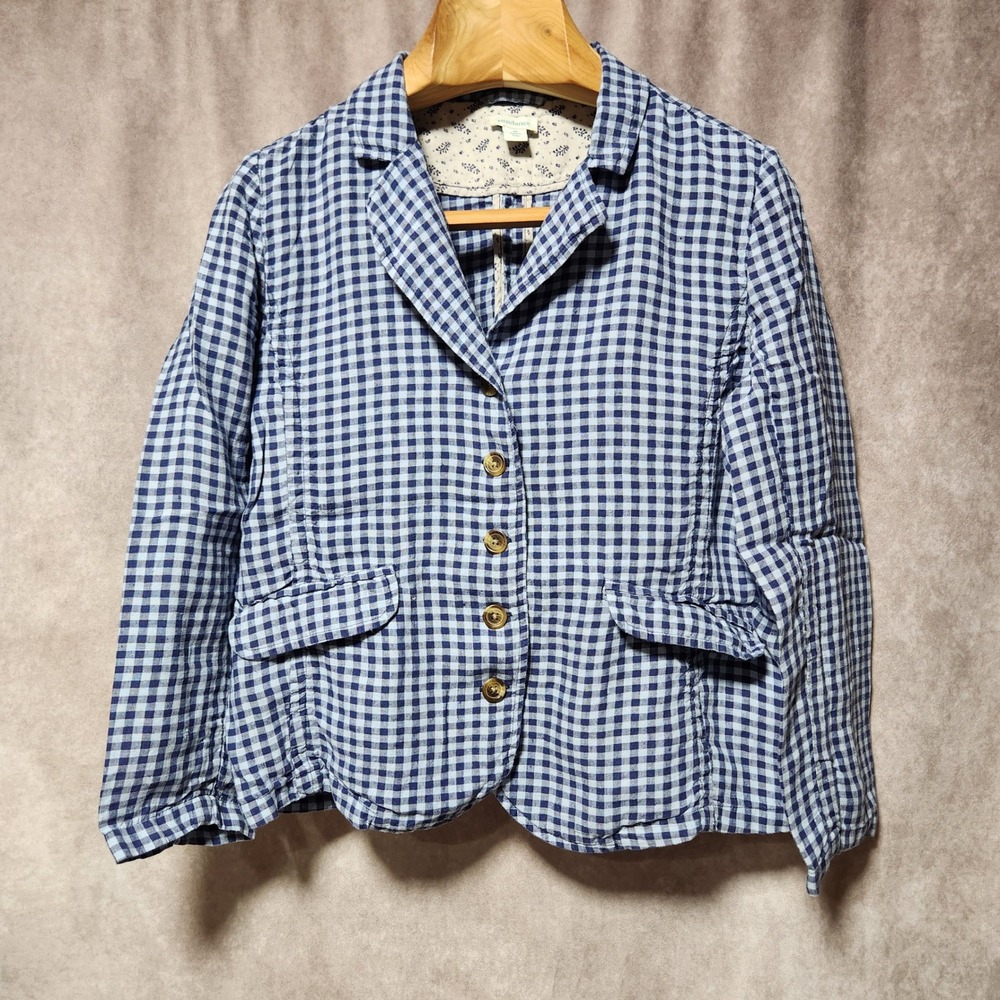 Sundance Ziri Blue Gingham check‎ 100% Linen Blazer Jacket Womens Size Medium